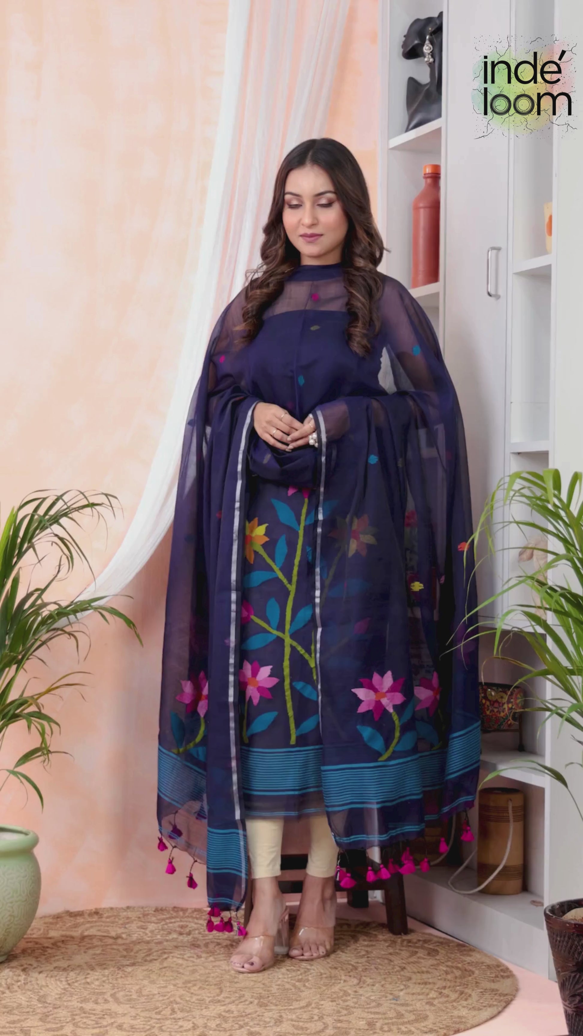 Navy Blue | Handloom Jamdani Muslin Unstitched 2-Piece Kurti