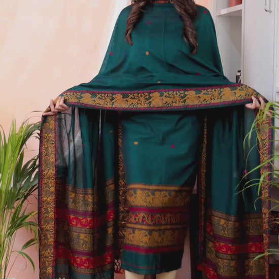 Deep Cyan | Handloom Jamdani Muslin Unstitched 2-Piece Kurti | Baluchari Design