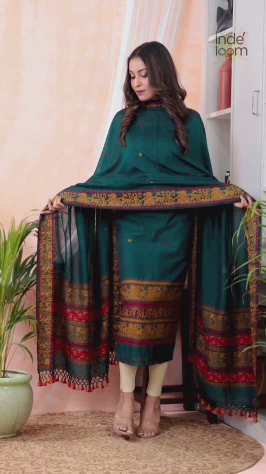 Deep Cyan | Handloom Jamdani Muslin Unstitched 2-Piece Kurti | Baluchari Design