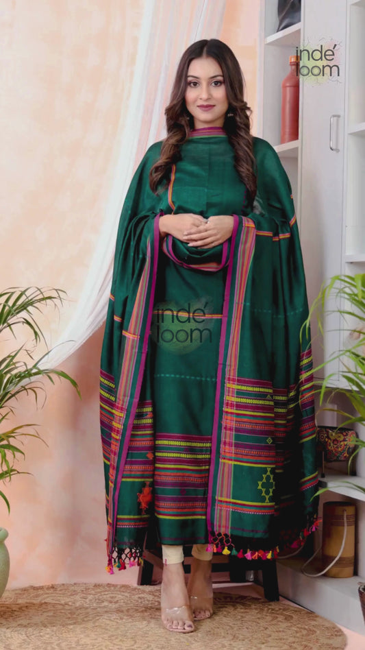 Jade Teal | Handloom Jamdani Muslin Unstitched 2-Piece Kurti | Bhujodi Design