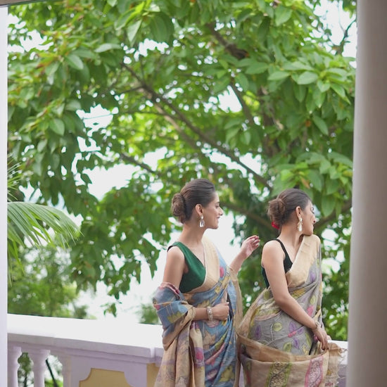 Exclusive Pen Kalamkari Saree | Florals On Tissue Silk | Blue