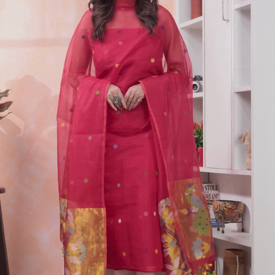 Festival Rose | Handloom Jamdani Muslin Unstitched 2-Piece Kurti | Paithani Design