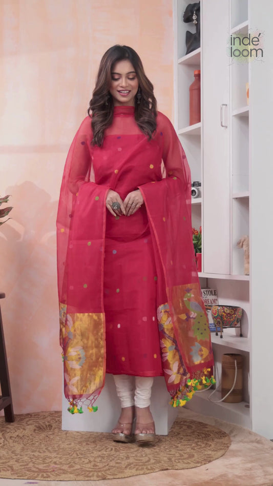 Festival Rose | Handloom Jamdani Muslin Unstitched 2-Piece Kurti | Paithani Design