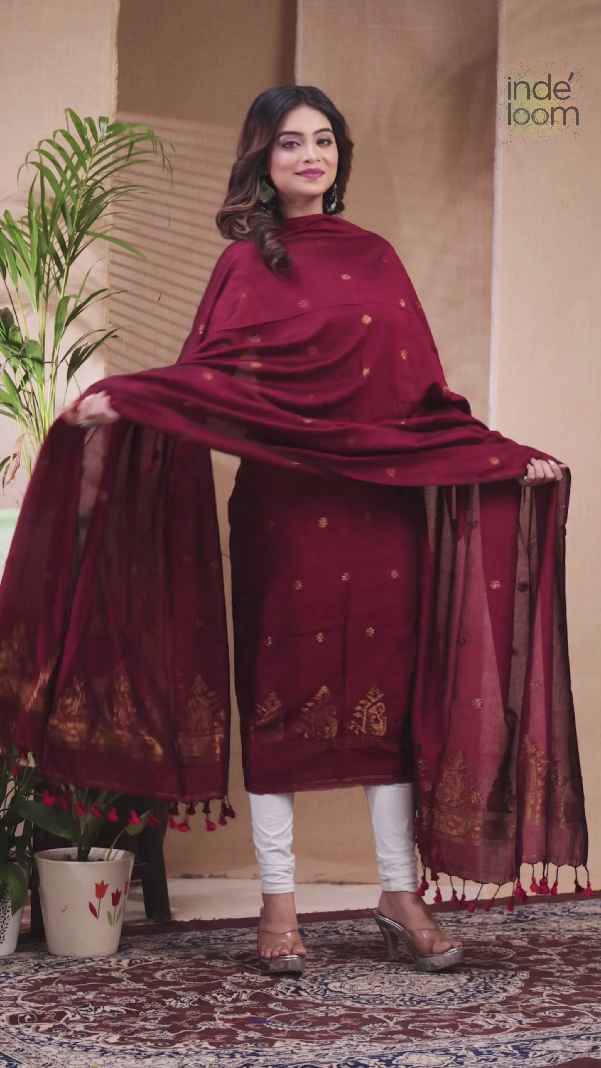 Terracotta Rouge | Handloom Jamdani Cotton Unstitched 2-Piece Kurti | Meenakari Design