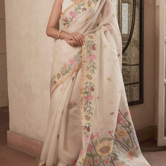 Pearl White Pure Hand Made Jamdani Saree - 101
