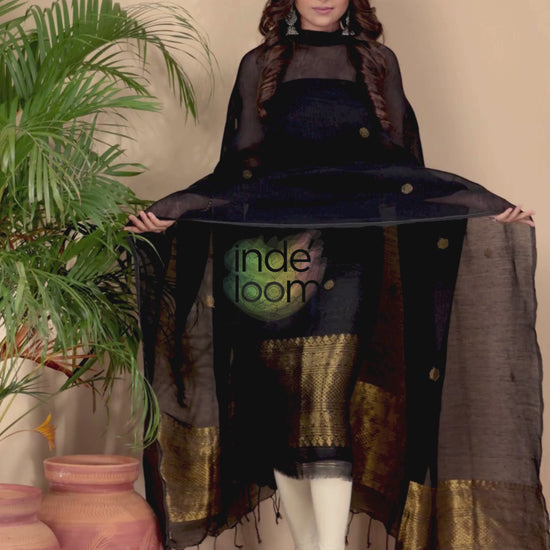 Deep Black | Handloom Jamdani Muslin Unstitched 2-Piece Kurti | Classic Design