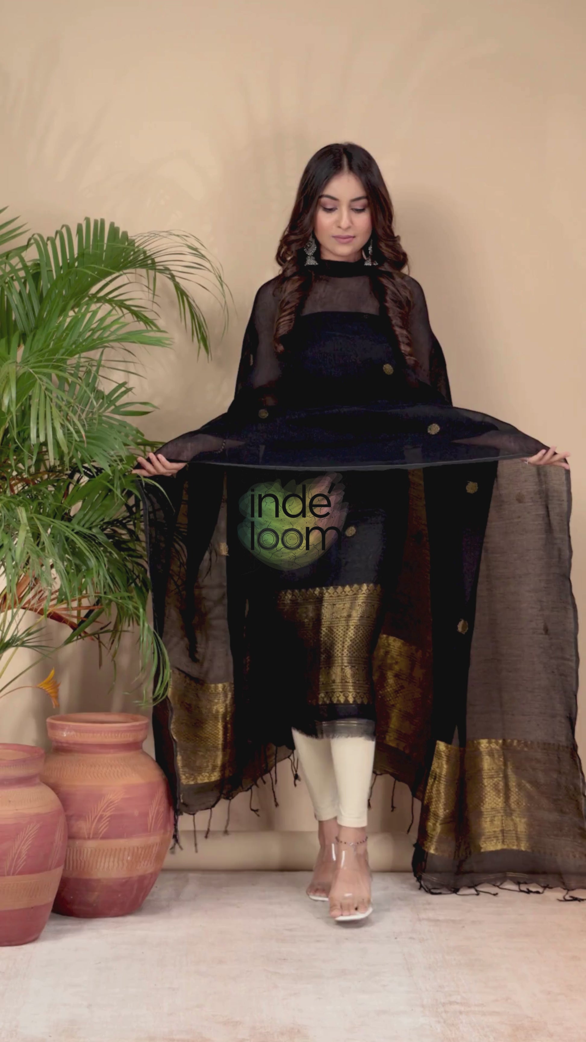 Deep Black | Handloom Jamdani Muslin Unstitched 2-Piece Kurti | Classic Design