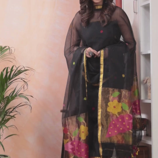 Deep Black | Handloom Jamdani Muslin Unstitched 2-Piece Kurti | Paithani Design
