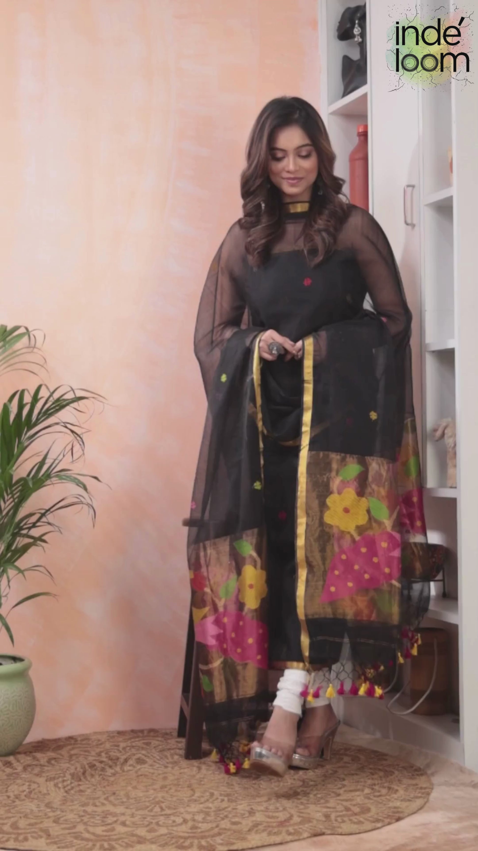 Deep Black | Handloom Jamdani Muslin Unstitched 2-Piece Kurti | Paithani Design
