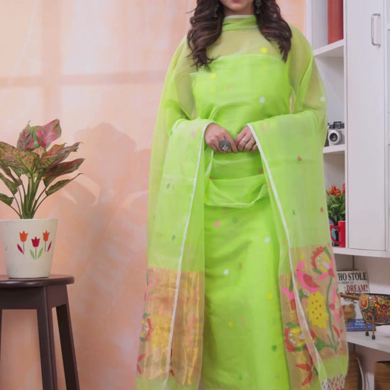 Lime Green | Handloom Jamdani Muslin Unstitched 2-Piece Kurti | Paithani Design