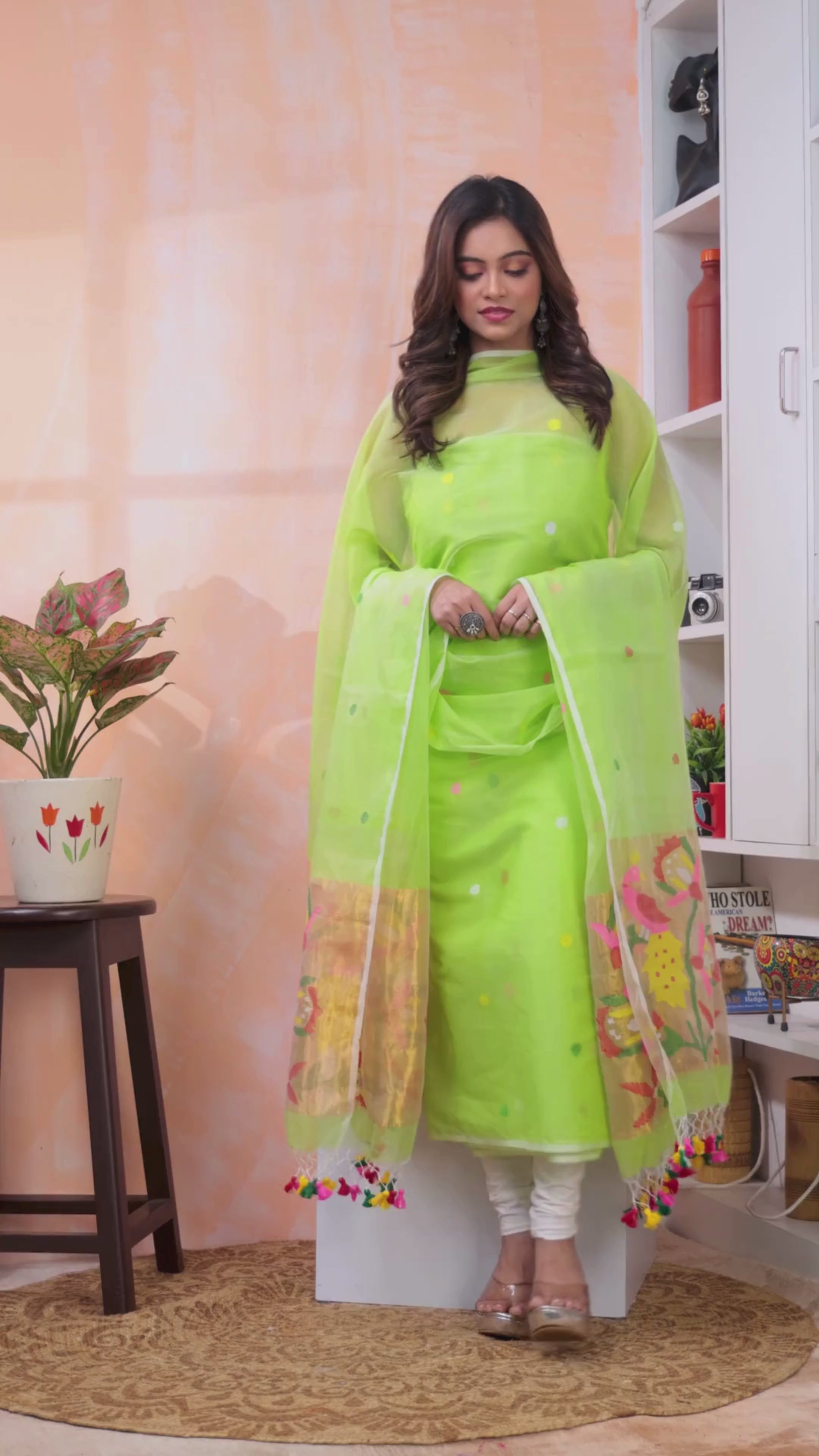 Lime Green | Handloom Jamdani Muslin Unstitched 2-Piece Kurti | Paithani Design