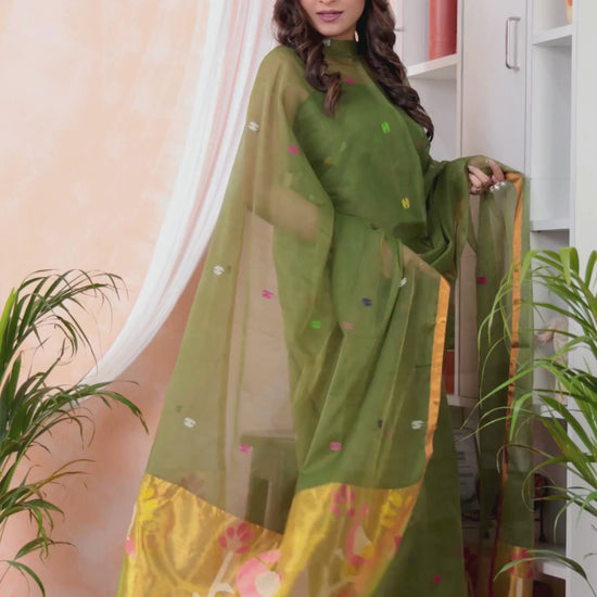 Olive Leaf | Handloom Jamdani Muslin Unstitched 2-Piece Kurti | Paithani Design