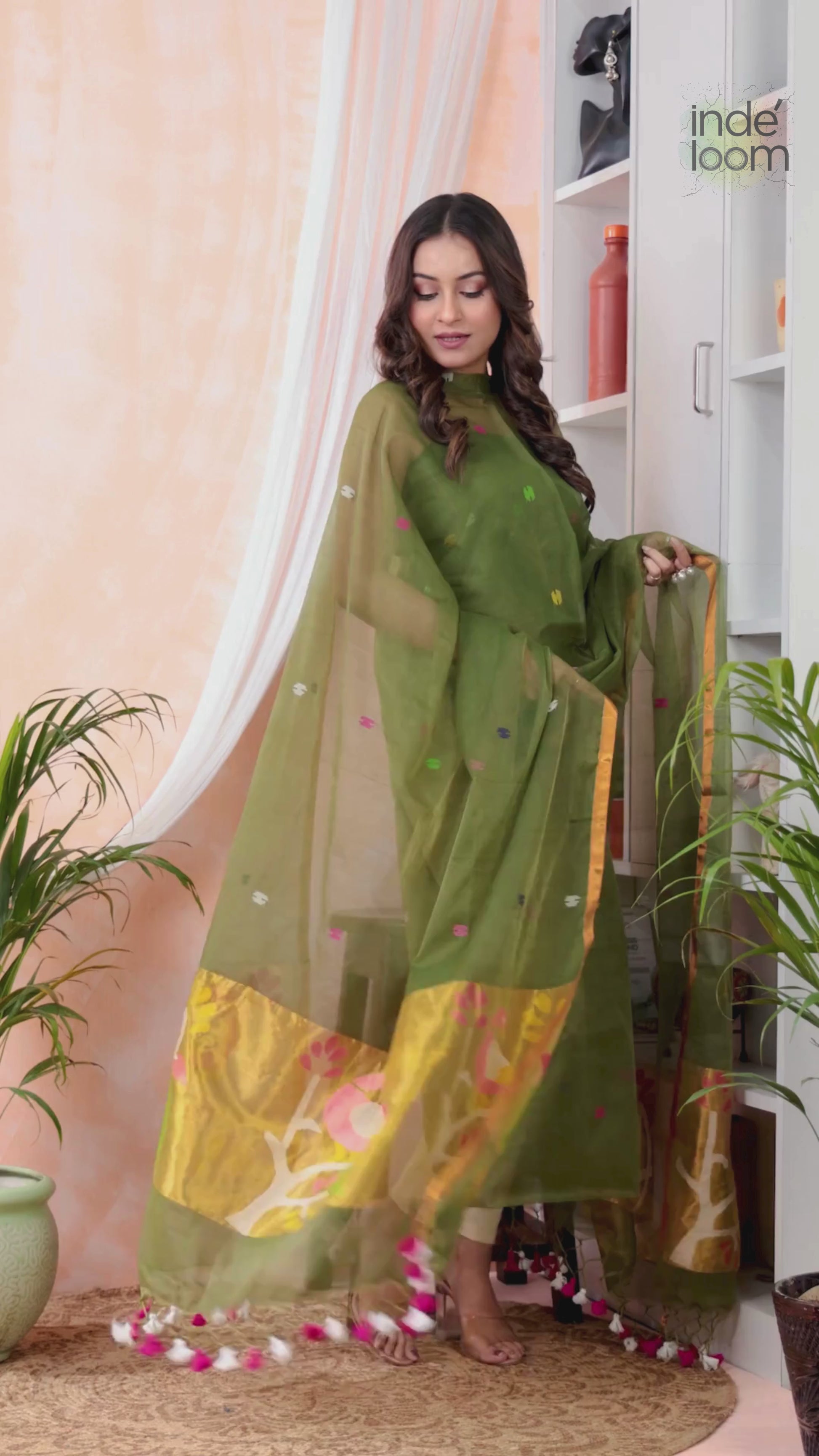 Olive Leaf | Handloom Jamdani Muslin Unstitched 2-Piece Kurti | Paithani Design