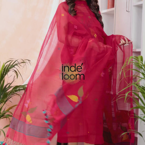 Cherry Flame | Handloom Jamdani Muslin Unstitched 2-Piece Kurti | Tantuj Design
