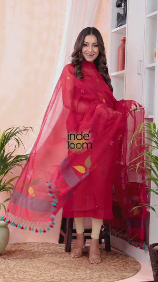 Cherry Flame | Handloom Jamdani Muslin Unstitched 2-Piece Kurti | Tantuj Design