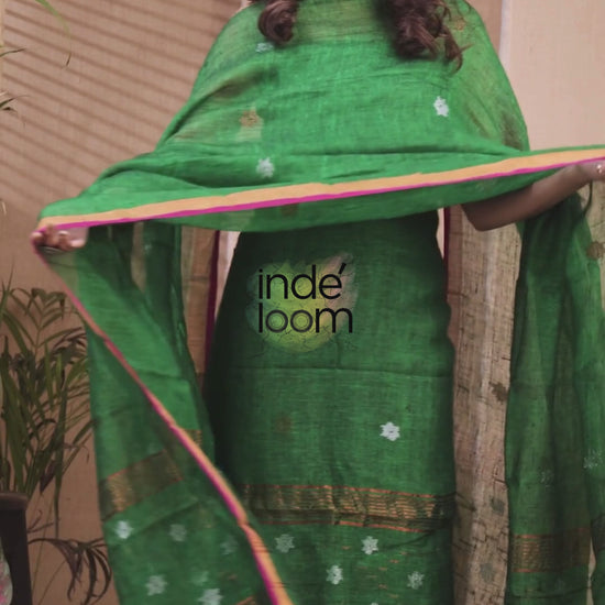 Verdant Jade | Handloom Jamdani Muslin Unstitched 2-Piece Kurti