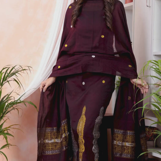 Raisin Brown | Handloom Jamdani Linen Unstitched 2-Piece Kurti | Baluchari Design