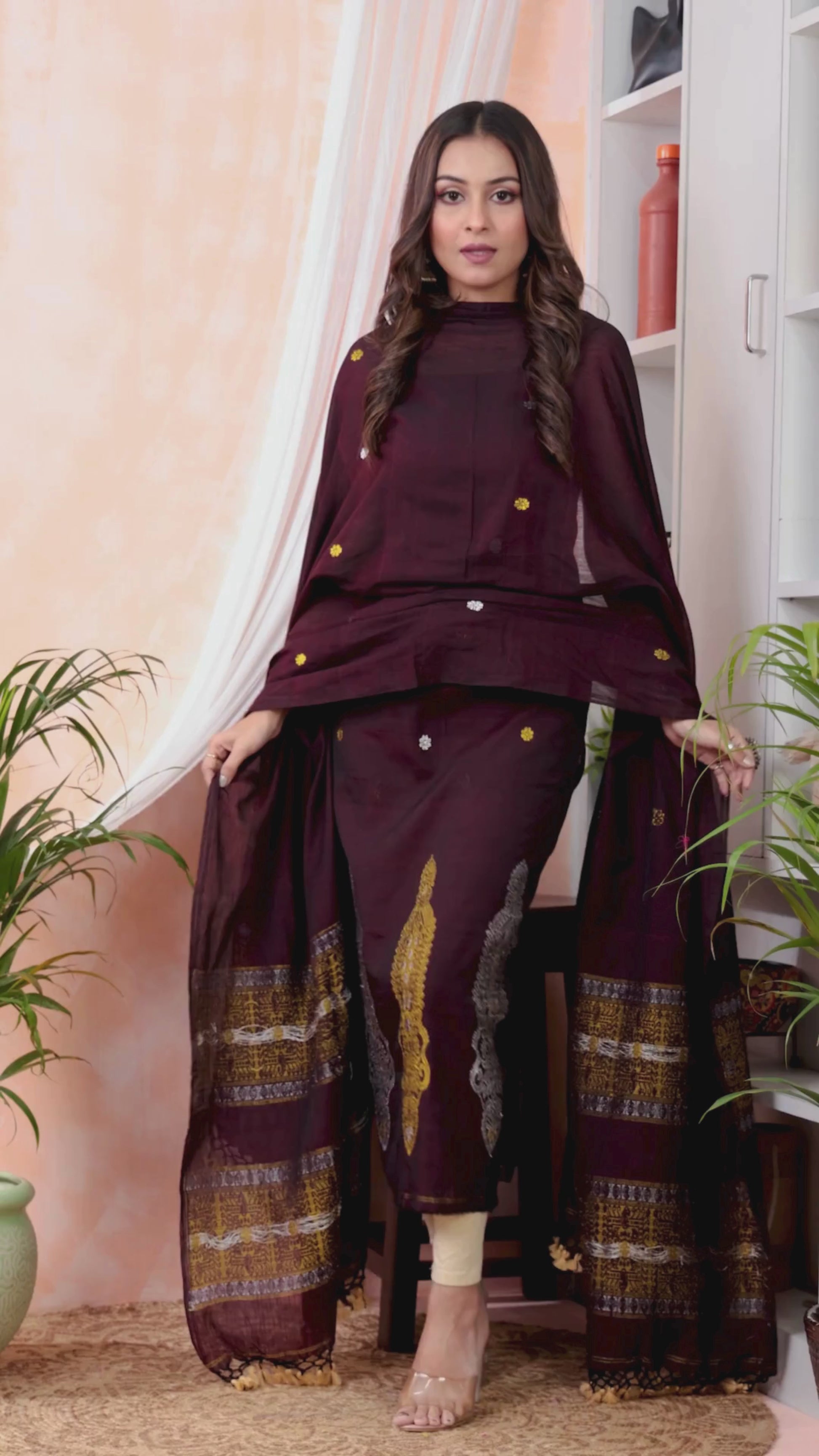 Raisin Brown | Handloom Jamdani Linen Unstitched 2-Piece Kurti | Baluchari Design