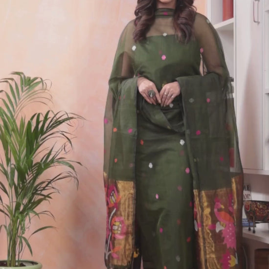 Forest Green | Handloom Jamdani Muslin Unstitched 2-Piece Kurti | Paithani Design