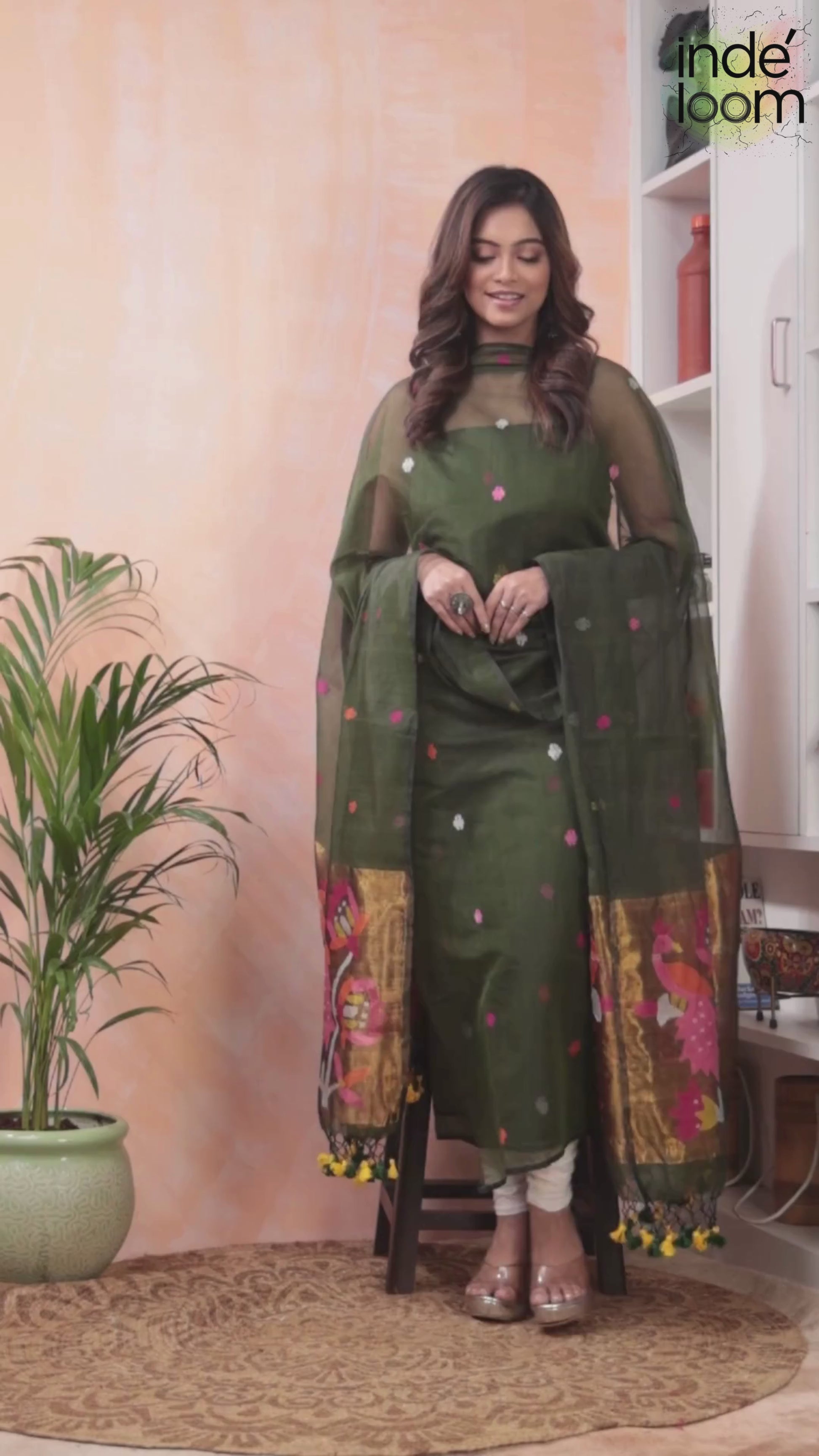 Forest Green | Handloom Jamdani Muslin Unstitched 2-Piece Kurti | Paithani Design