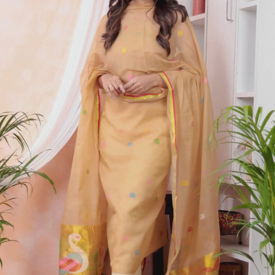 Desert Sand | Handloom Jamdani Muslin Unstitched 2-Piece Kurti | Paithani Design