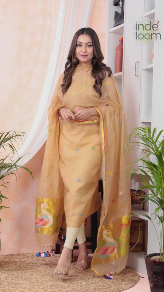 Desert Sand | Handloom Jamdani Muslin Unstitched 2-Piece Kurti | Paithani Design