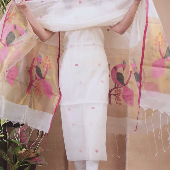 Pure White | Handloom Jamdani Muslin Unstitched 2-Piece Kurti | Paithani Design