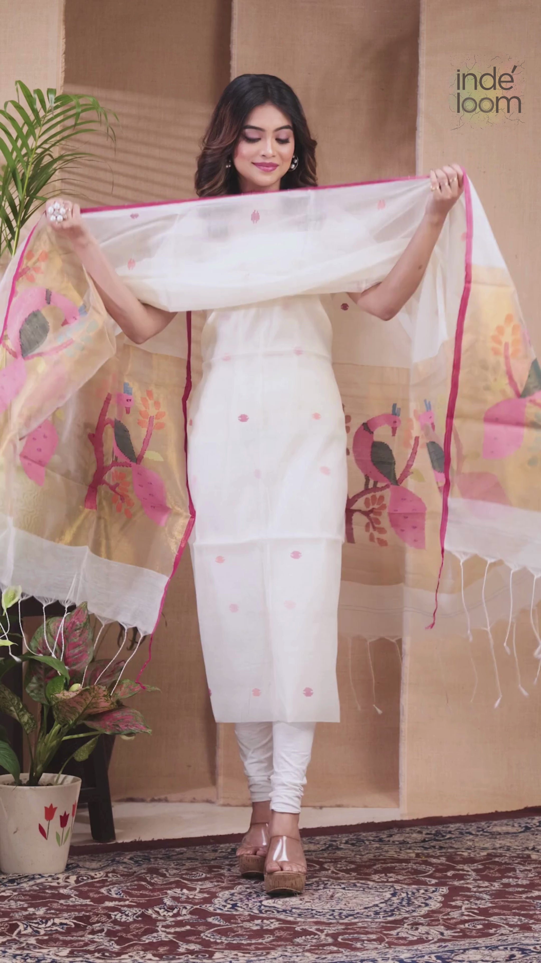 Pure White | Handloom Jamdani Muslin Unstitched 2-Piece Kurti | Paithani Design