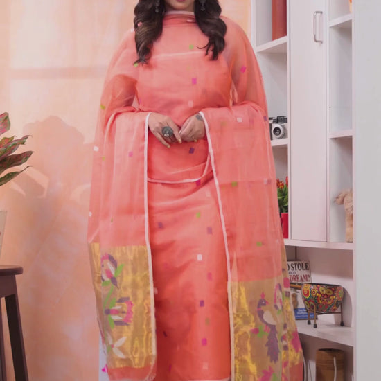 Living Coral | Handloom Jamdani Muslin Unstitched 2-Piece Kurti