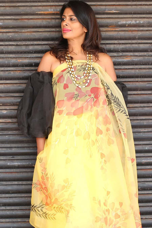 Red Floral Garden on Mustard Yellow-Organza Hand-painted Saree-021 - Indeloom