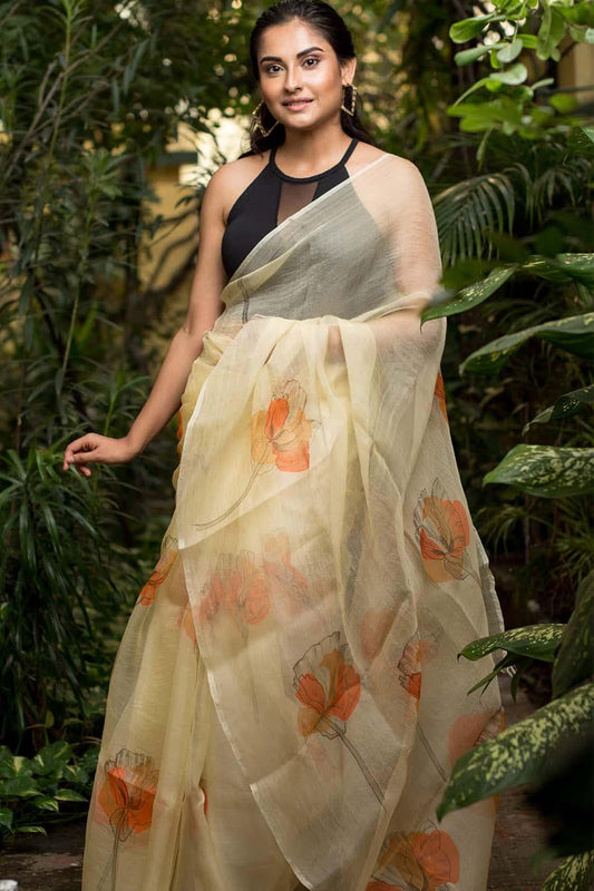 The Sketched Floral Poppy Organza Hand-painted Saree-063 - Indeloom