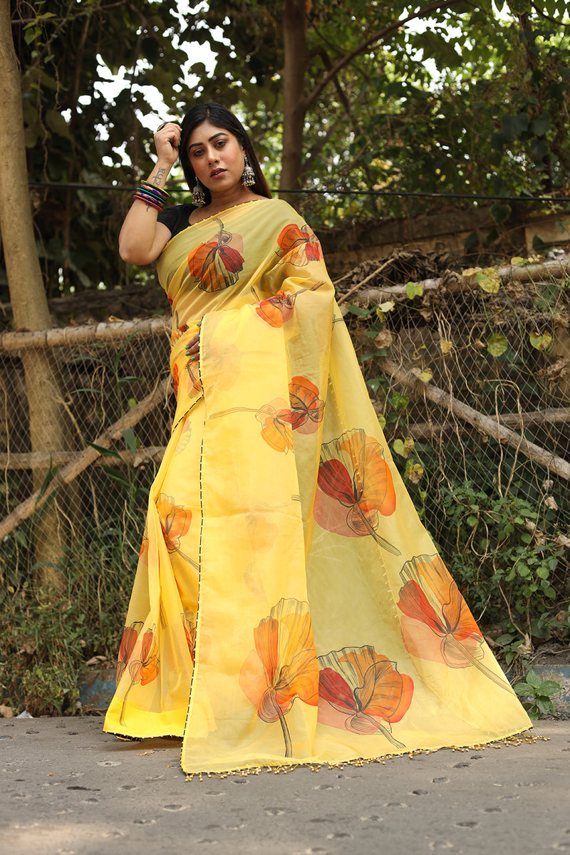 Multicolour Poppies on Yellow Organza Hand-painted Sari