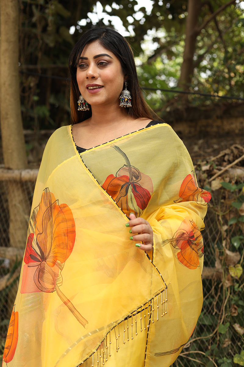 Multicolour Poppies on Yellow Organza Hand-painted Sari