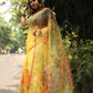 Red Poppeis on Yellow Organza Hand-painted Saree-072