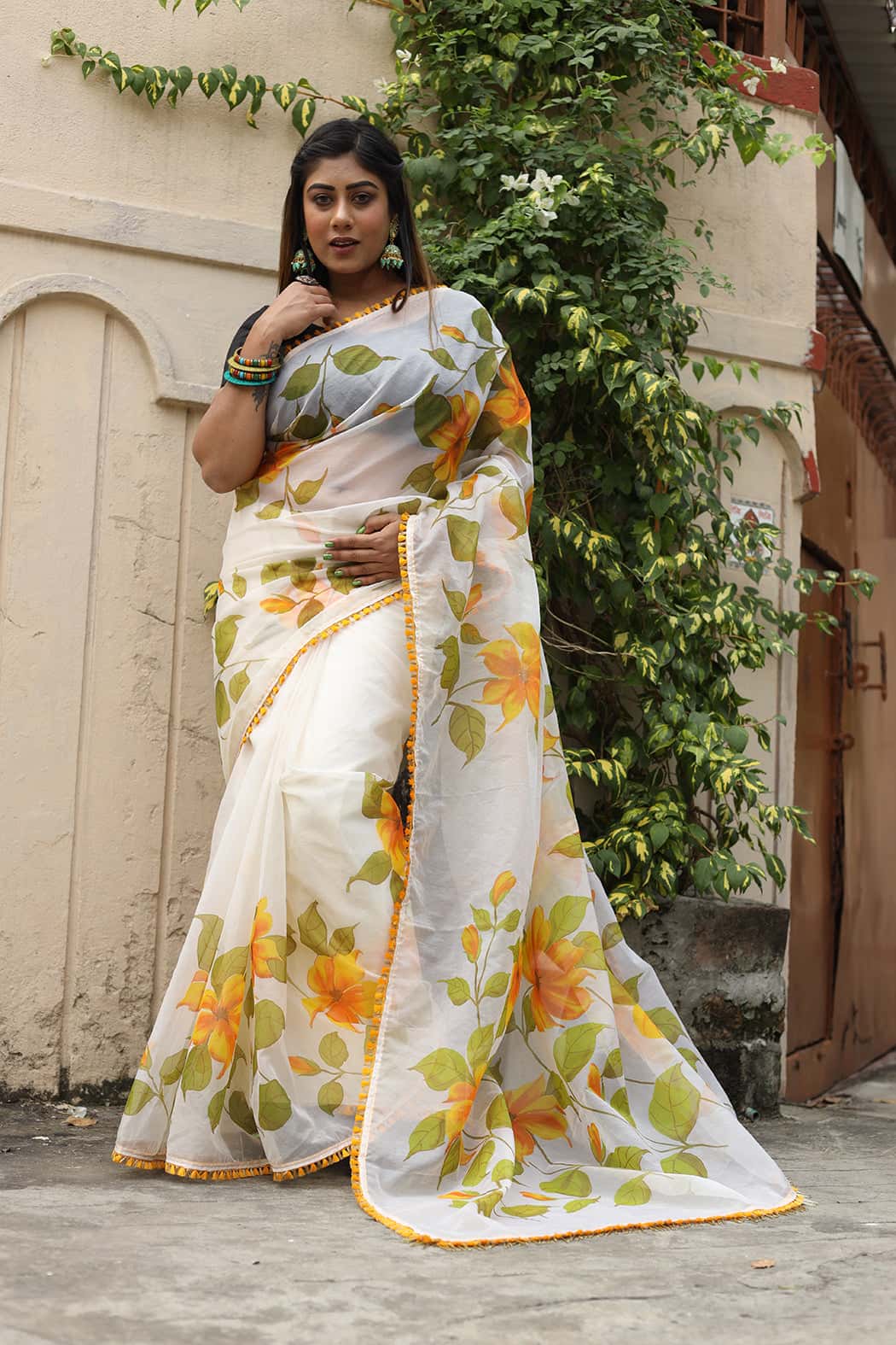 Green and Yellow Florals on Organza Hand-painted Saree-074 - indeloom