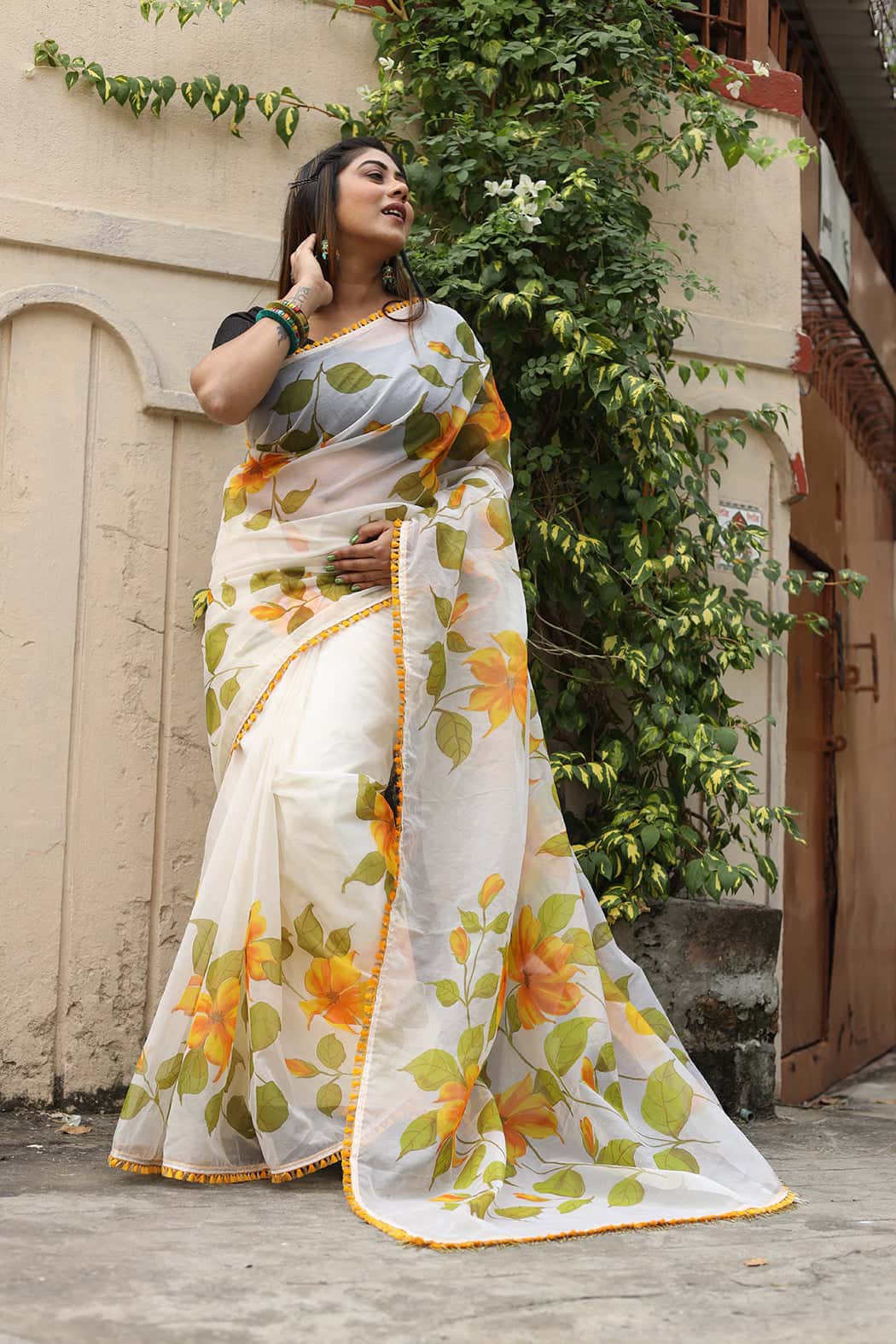 Green and Yellow Florals on Organza Hand-painted Saree-074 - indeloom