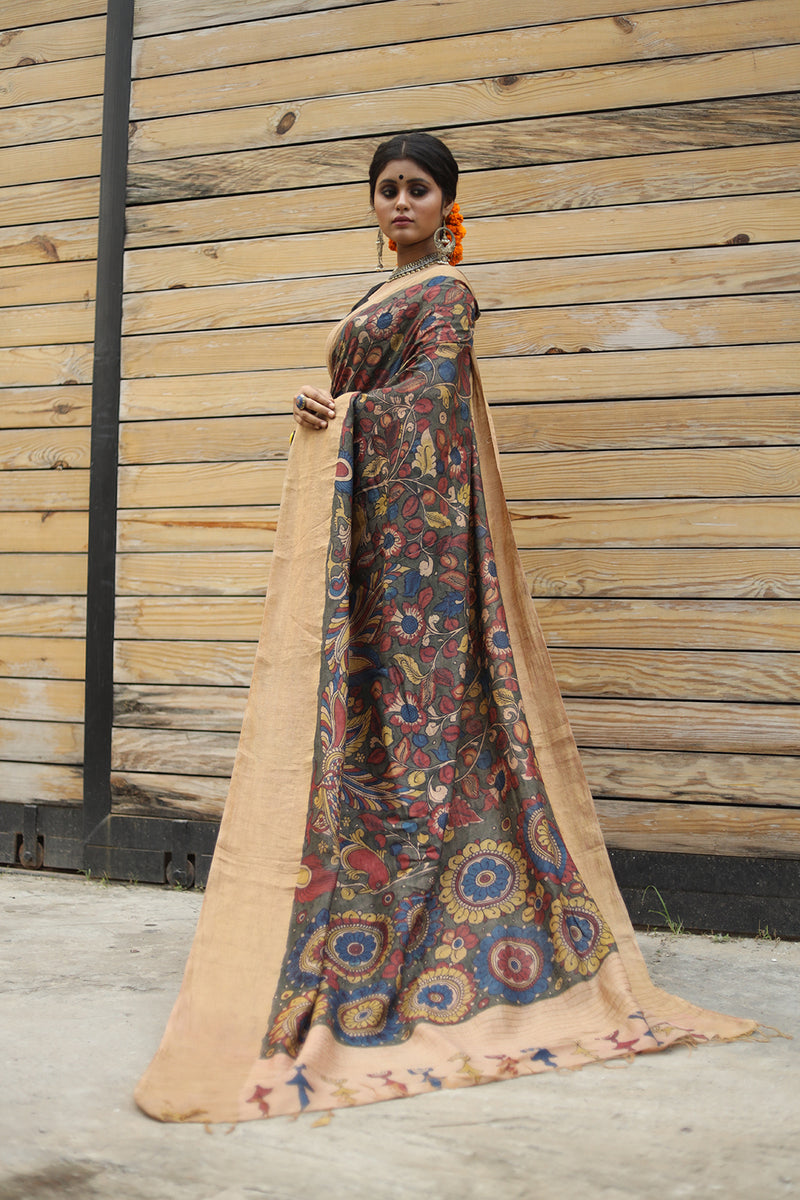 Pen Kalamkari Sari All Over Floral - Tussar Silk