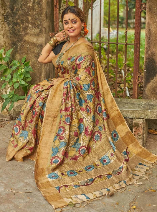Exclusive Pen Kalamkari Sari in Molten Gold All Over Floral in Tussar Silk-005 - indeloom