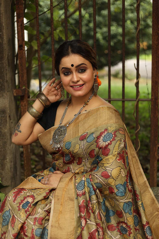 Exclusive Pen Kalamkari Sari in Molten Gold All Over Floral in Tussar Silk-005 - indeloom