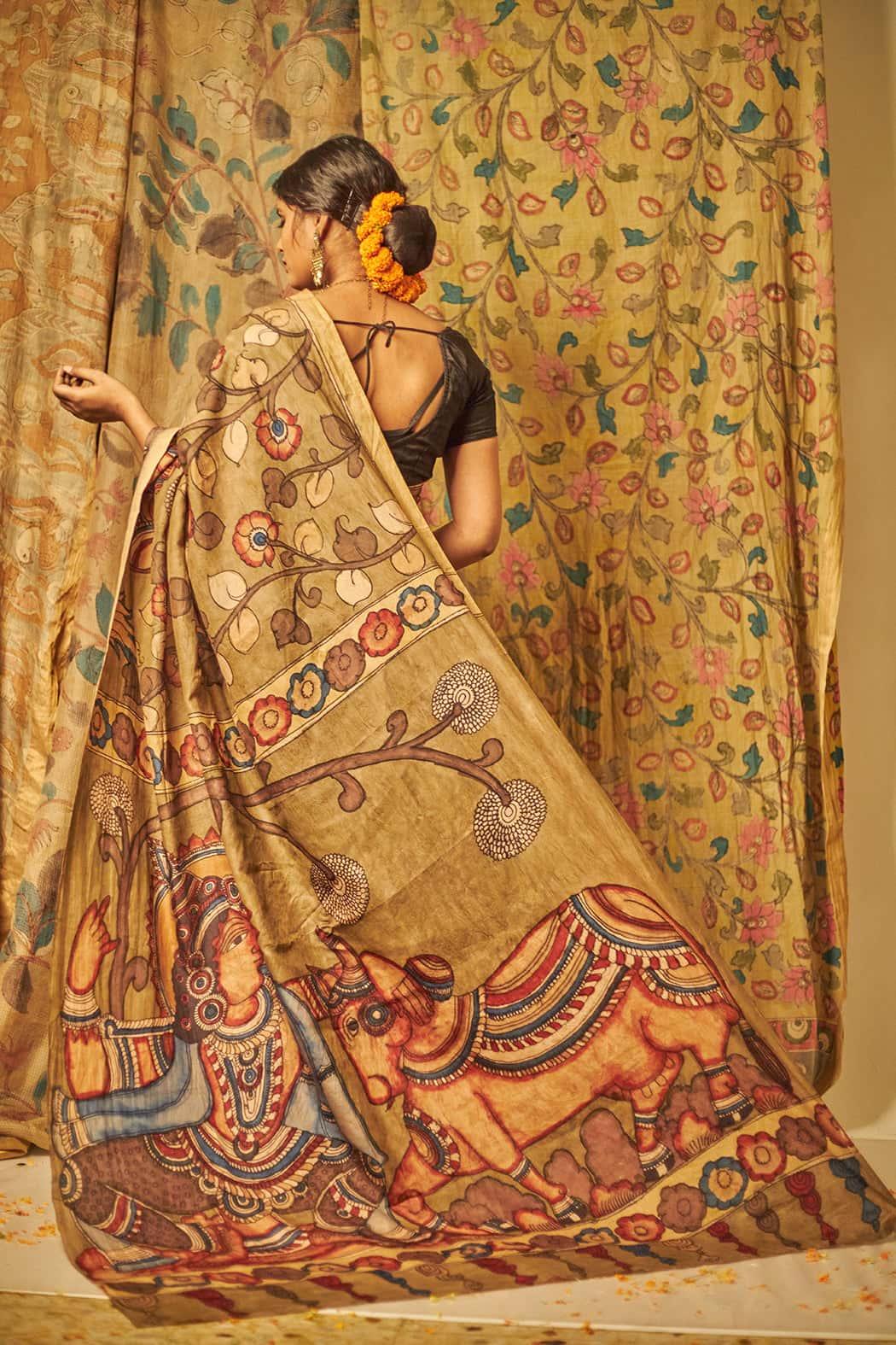 Traditional Handpainted Pen Kalamkari Tussar Silk Saree  |  Taupe Grey