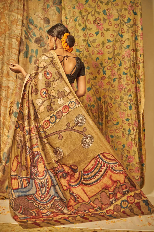Traditional Handpainted Pen Kalamkari Tussar Silk Saree  |  Taupe Grey