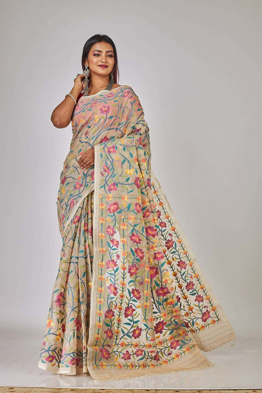 Multicolor Tulip Floral Garden Silk Jamdani Saree-022