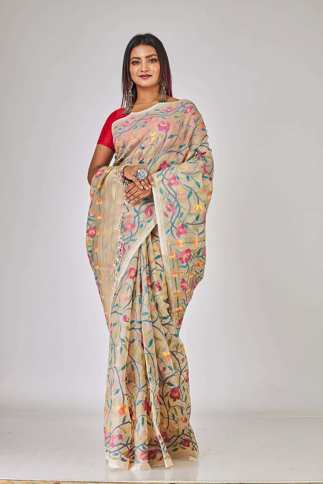 Multicolor Tulip Floral Garden Silk Jamdani Saree-022
