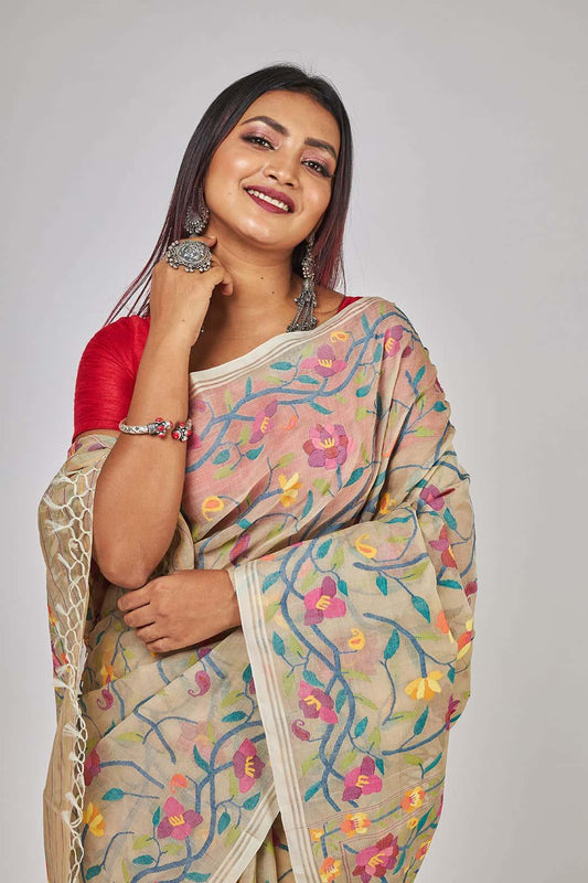 Handwoven Pure Jamdani Muslin Saree  |  Almond Beige