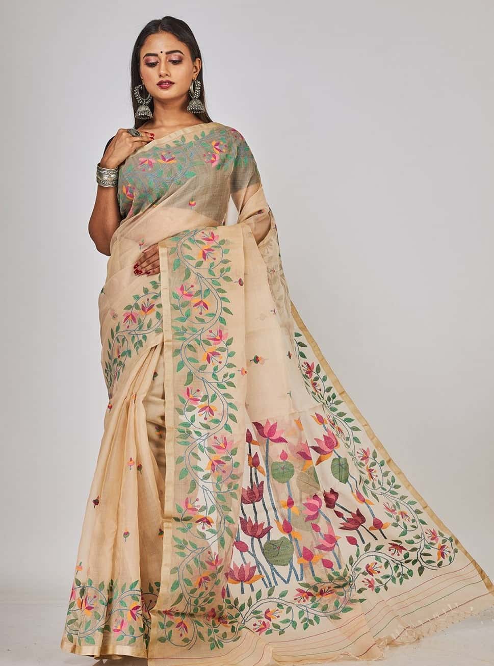 Cream Lotus Garden & Leafs Silk Jamdani Saree-021 - indeloom