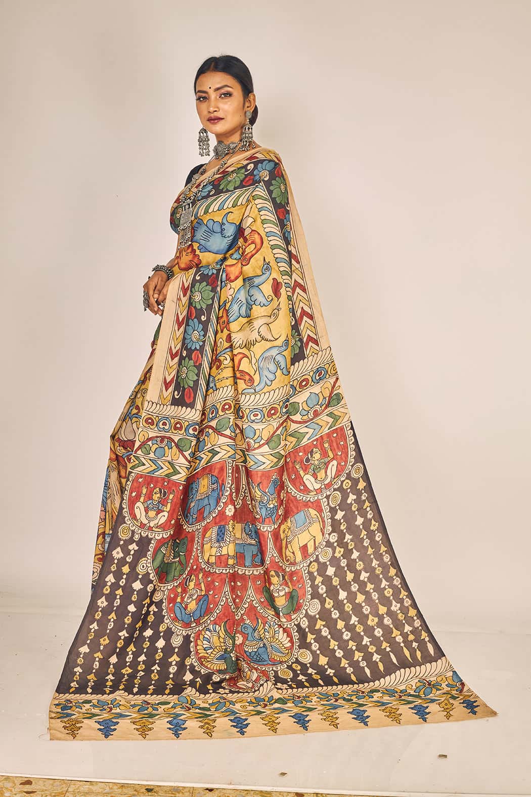 Exclusive Pen Kalamkari Sari Motifs of Elephants, Peacocks, Ajanta Paintings, Swams on Mulberry Silk-010 - indeloom