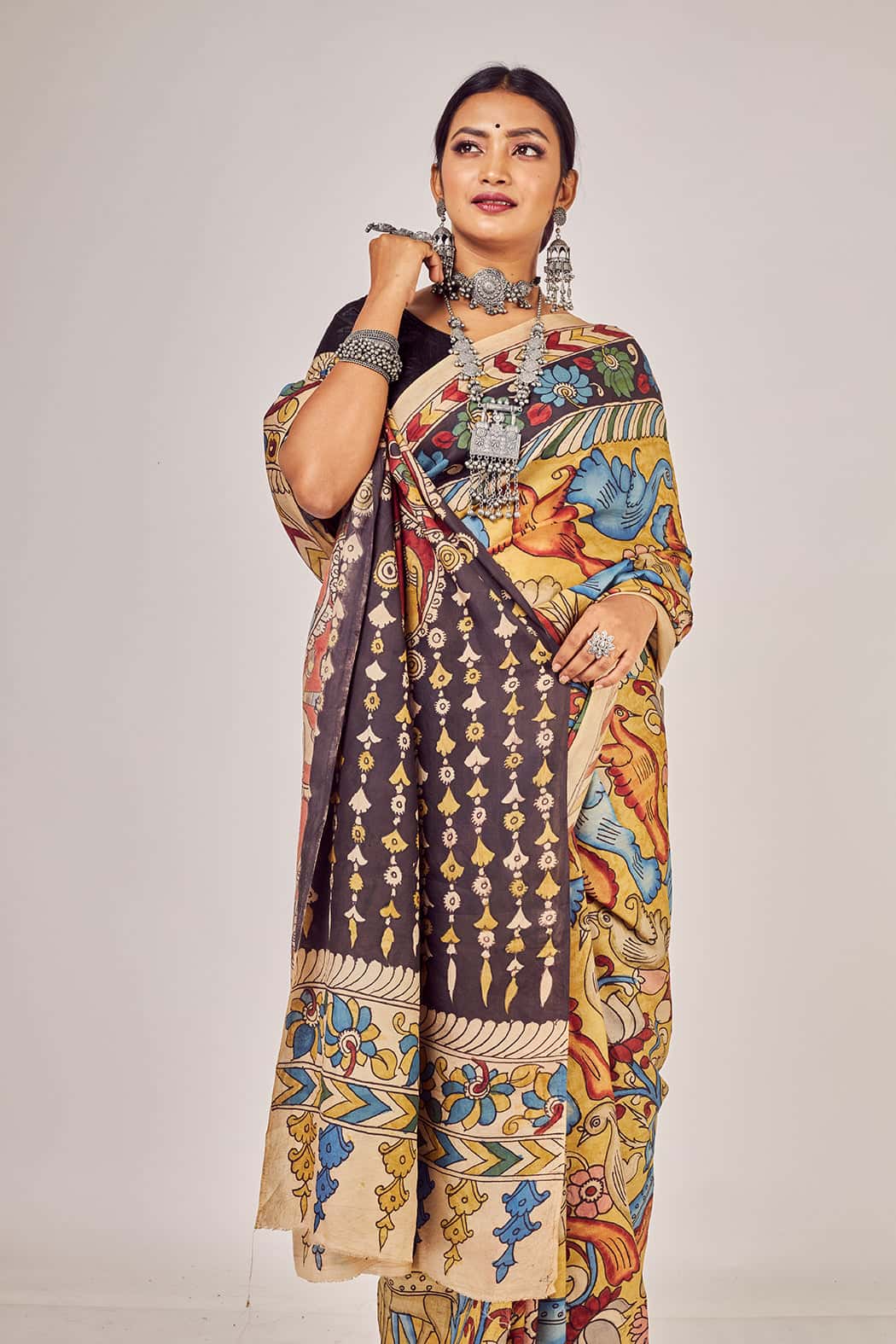 Exclusive Pen Kalamkari Sari Motifs of Elephants, Peacocks, Ajanta Paintings, Swams on Mulberry Silk-010 - indeloom