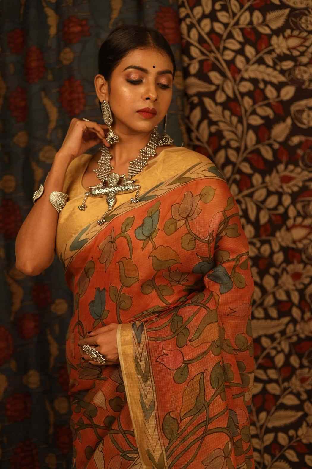 Traditional Handpainted Pen Kalamkari Kota Silk Saree  |  Copper Orange