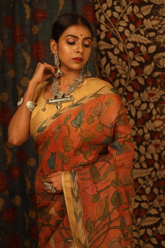 Traditional Handpainted Pen Kalamkari Kota Silk Saree  |  Copper Orange