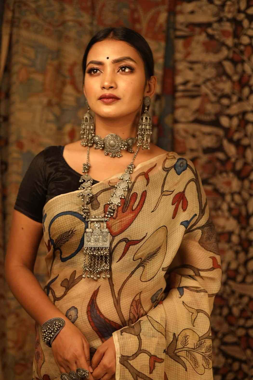 Traditional Handpainted Pen Kalamkari Kota Silk Saree  |  Warm Beige
